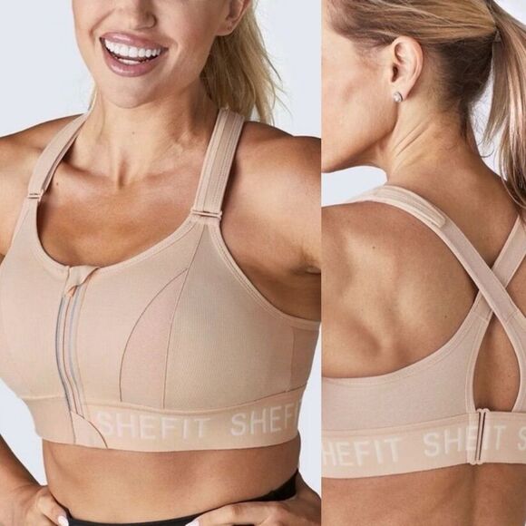 SHEFIT Ultimate Sports Bra Beige tan High Support Racerback Zip NEW